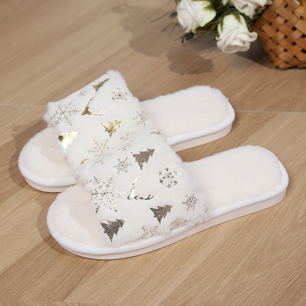 Christmas Plush Slippers Fashion Open-toed Home Slipper Indoor Warm Non-slip Floor Bedroom House Shoes For Couples Women Men chicpolly
